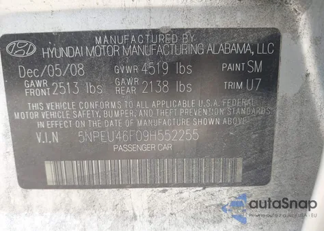 2009 Hyundai Sonata Limited V6 z USA, uszkodzony, nr VIN 5NPEU46F09H552255